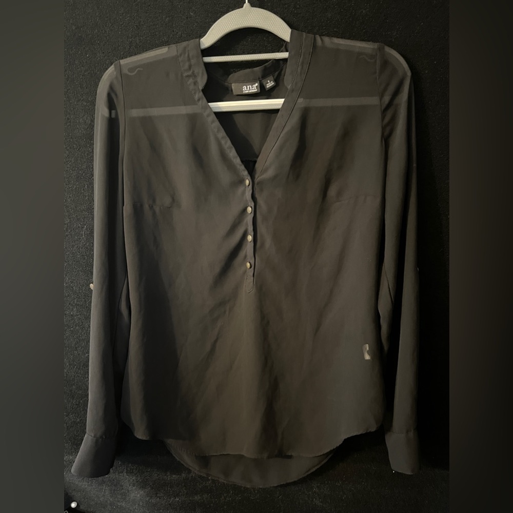 Sheer Half Button Black Blouse with Adjustable Sleeves